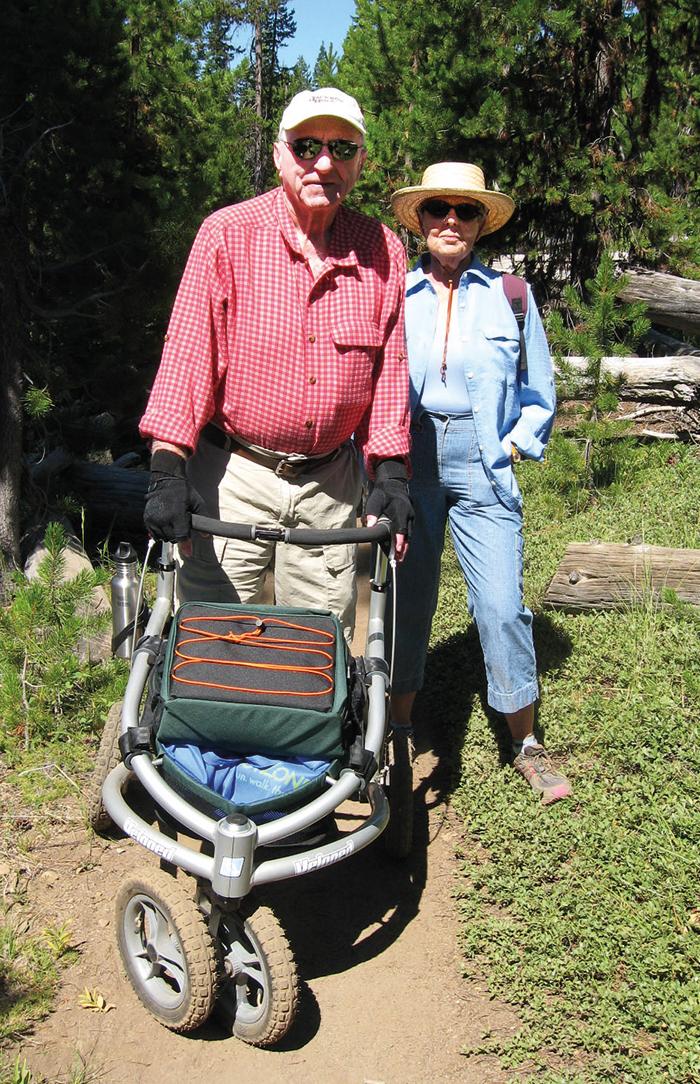 Rollator equipped for hiking and travelling